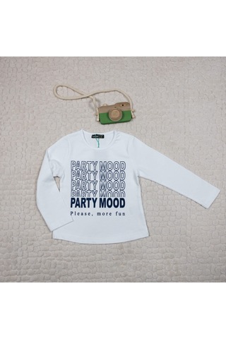 Kız Çocuk Party Mood Yazılı Pamuklu Sweat Beyaz