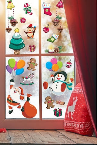 Balonla Uçan Noel Baba Ve Kardan Adam Yılbaşı Süsleri Pencere Duvar Sticker