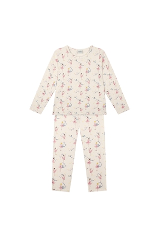 Antebies Sürdürülebilir Bambu Kumaştan Üretilmiş, Bale Masalı Desenli, Uzun Kollu Tişört, Bel Lastikli Taytlı Kız Çocuk Pijama Takımı Pembe