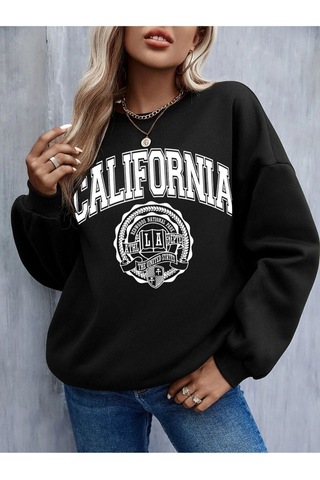 Altamira Unisex Siyah California Baskılı Bisiklet Yaka Oversize Sweatshirt 001