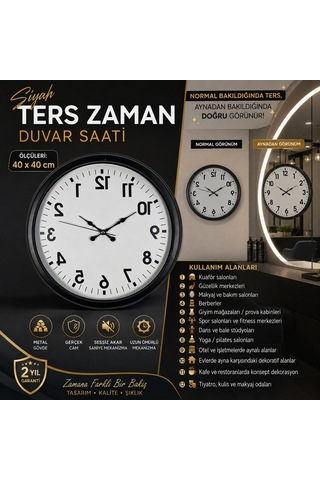 Siyah Ters Zaman 40 X 40 Cm Metal Duvar Saati