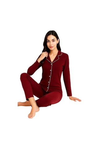 Kadın Bordo Düğmeli Uzun Kol Pijama Takımı Kırmızı