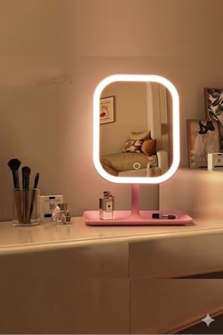Led Işıklı Ayarlabilir Makyaj Aynası, Usb Şarj Edilebilir, 3 Işık Fonksiyonu, Parlaklık Ayarlı Ve Organizer Tabanlı Taşınabilir Kozmetik Ayna- Pembe Açık Bej