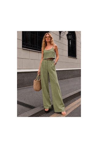 Bisou Ahşap Boncuk Detaylı Astarlı Crop Bluz Ve Bol Paça Şort Astarlı Pantolon Takım %100 Pamuk Haki