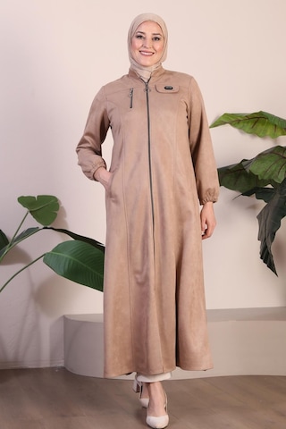 Kadın Büyük Beden Boydan Göğsü Fermuarlı Uzun Tesettur Süet Pardesü