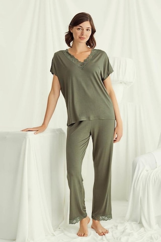 Monamise 18488 Kadın V Yaka Kısa Kollu Pijama Takımı-haki Haki