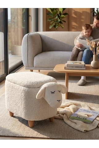 Kuzu Figürlü Sandıklı Puf Modelleri Teddy Puf Krem