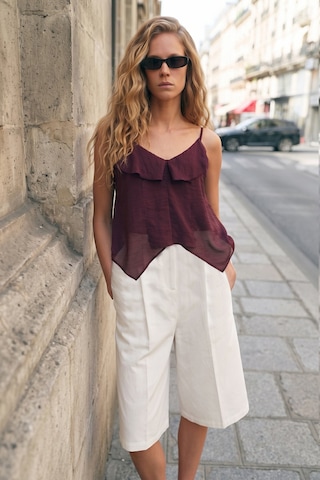Sateen Fırfır Detaylı Askılı Bluz - Bordo-137726