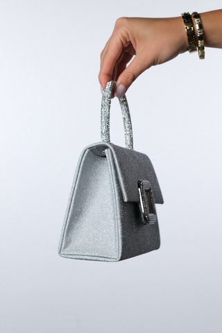Valeria Gümüş Simli Taşlı Kadın El Çantası Gümüş Sim
