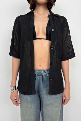 Polo Yaka Fileli Bluz Siyah