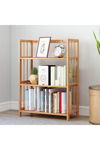 Valkyrie 3 Katlı Bambu Kitaplık 60x23x72 Cm Doğal Ahşap Görünümlü Çok Amaçlı Dekoratif Raf