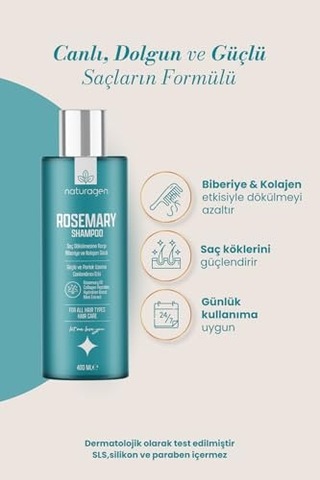 Naturagen Rosemary Dökülme Karşıtı Şampuan 400 Ml Hızlı Uzamaya Yardımcı Biberiye Yağı + Kolajen Peptitleri