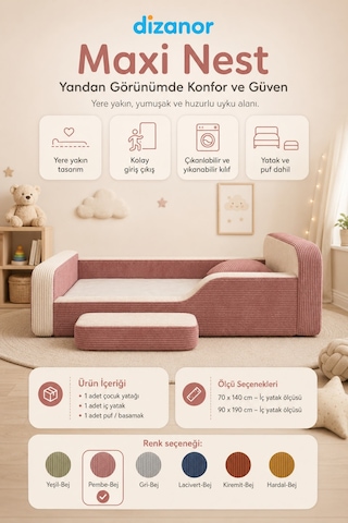Dizanor Maxi Nest Tek Kısa Yan Kenarlı Montessori Yatak Seti - Pembe Fitilli 140 X 200