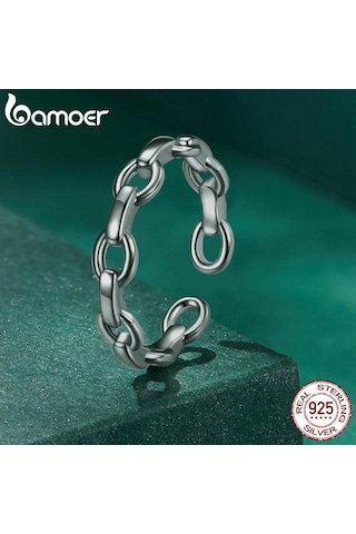 Bamoer 925 Ayar Gümüş Metal Zincir Ayarlanabilir Yüzük Kadınlar İçin Gümüş Moda Kilit Zincir Yüzük Bildirimi Band Takı
