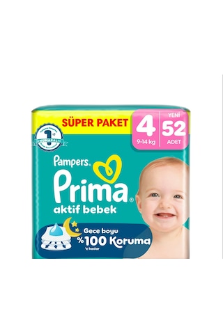 Prima 4 Beden Aktif Bebek Bezi Süper Paket 52 Adet 4 Numara