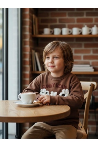Zekids Erkek Çocuk Peluş Ayıcık İşlemeli Sweatshirt-16393 Kahverengi