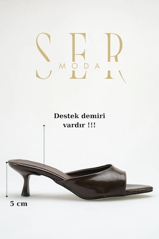 Sermoda Topuklu Kadın Terlik - 5 Cm İnce Topuklu Sivri Burun Kadın Terlik Kahve Yanki