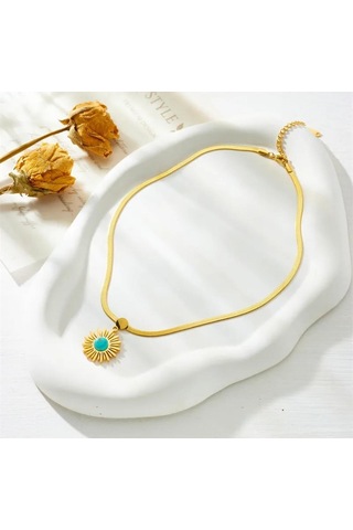 Çelik İtalyan Zincirli Firuze Doğaltaşlı Bayan Altın Renk Kolye Çelik