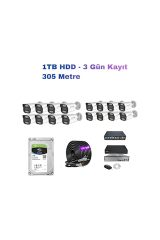 16'li 5mp 4k Ip Kamera Seti Poe Hikvision Nvr İç/dış Mekan Gece Görüş Ses Kayıt Mobil İzleme 1tb Hdd Full Set
