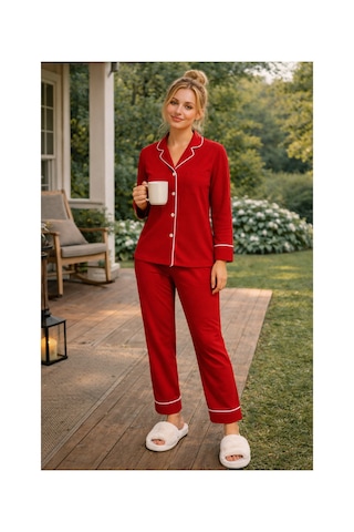 Rindahomewear Kadın Pamuklu Ara Biyeli Düğmeli Biyeli Pijama Takımı Kırmızı
