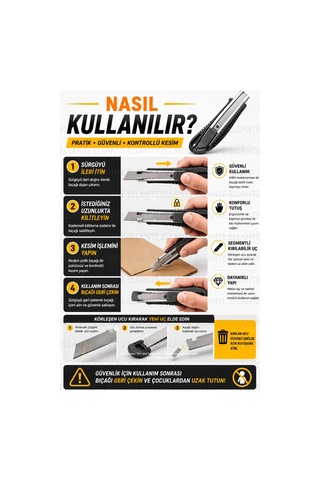 Profesyonel Maket Bıçağı 18 Mm Metal Raylı, Kırılabilir Çelik Uç, Kilitli Mekanizma, Ergonomik Fal