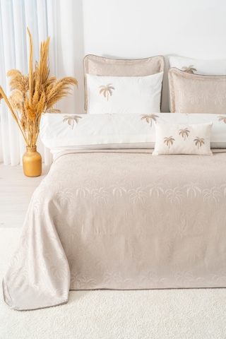 Palmiye Vizon Nakışlı Çift Kişilik Nevresimli Pike Seti - 8 Parça Çeyiz Seti Vizon