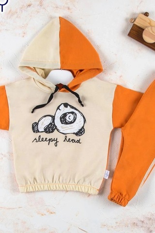 Veraura Lifestyle Panda Desenli Kapişonlu Erkek Bebek Takımı Turuncu