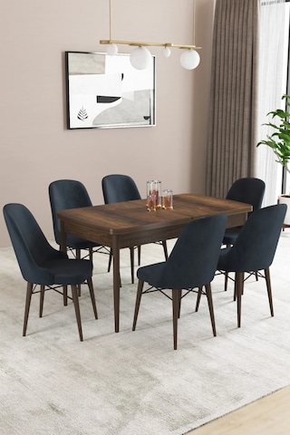 Familieconcept Almira Serisi, Barok Ahşap Desen 80x132 Açılabilir Mdf Mutfak Masası Takımı 6 Adet Sandalye Antrasit