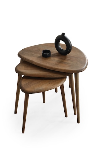 Masif Doğal Ahşap Zigon Sehpa 3'lü Set, Modern Ceviz Yan Sehpa