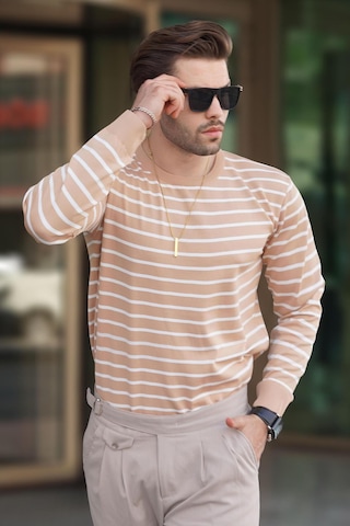 Madmext Camel Bisiklet Yaka Çizgili Kazak 7241 Camel