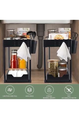 Dancemonkey Lavabo Organizatörleri & Depolama, 2 Katmanlı Mutfak Çekmece Düzenleyici Banyo Kabineti - Siyah Siyah