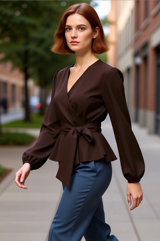 Ersefa Moda Kruvaze Dokuma Regular Düz Desen Resmi Regular Uzun Kol Bluz Kahverengi