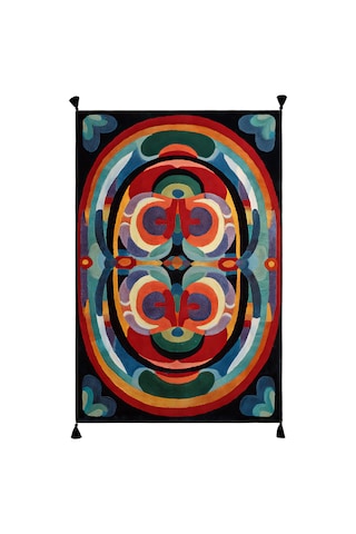 Artevo 05 Renkli Püsküllü Siyah Soyut Desenli Halı Modern Mutfak Koridor Oturma Odası Salon Halısı Renkli K