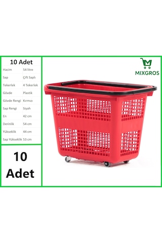 Tekerlekli Plastik Market Alışveriş El Sepeti 54 Litre Kırmızı 10 Adet