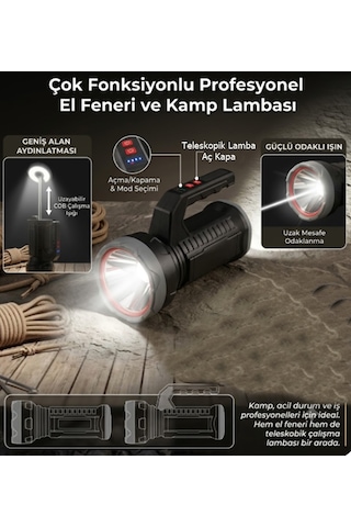 Gp-610 Şarjlı 15 Watt Led El Feneri Teleskopik Kamp Lambası - Masa Lambası Taşınabilir Kamp Feneri 1500 Lümen Karışık