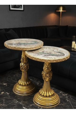 Timsah Figürlü Polyester Döküm Sehpa İkili Set Antik Altın