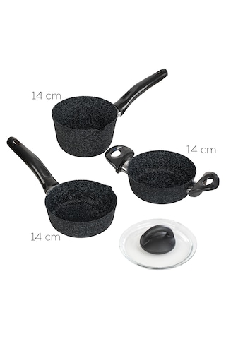 Porsima 4398 4 Parça Kaçerola Sosluk Sütlük Mini Granit Tencere Sahan Seti Siyah 14cm siyah