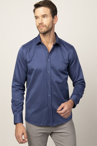Tudors Modern Slim Fit Düz Saten Erkek Gömlek-23053 Lacivert