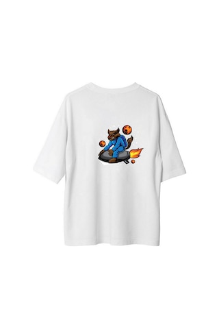 Paybuy Mavi Takımlı Kedi Roket Sürücüsü Baskılı Kadın Oversize Tişört Beyaz
