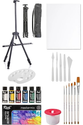 Rich Mastermix Akrilik Boya Seti 6 Ana Renk 3 Ayaklı Metal Şövale 35x50 Tuval Plastik Spatula Seti 6