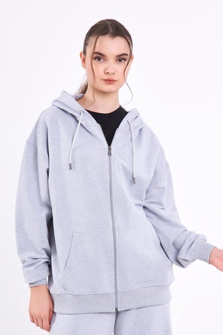 Comeor Gri Kanguru Cepli Kapüşonlu Fermuarlı Oversize Kadın Sweatshirt Cmrb73-gri Gri