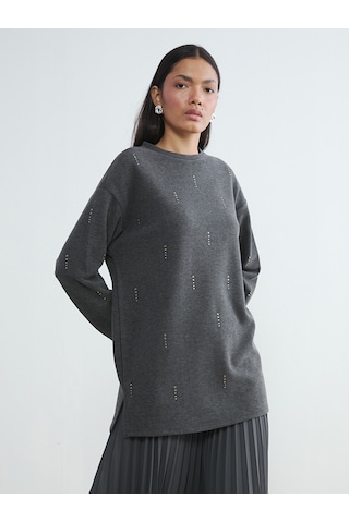 Lcwaıkıkı Classic Antrasit Soft Touch Taşlı Kadın Sweatshirt Tunik