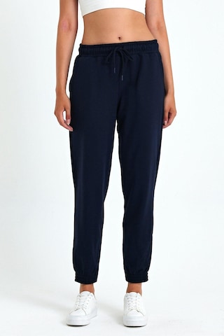Kadın Lacivert Pamuklu Kalın Paçası Lastikli Yüksek Bel Rahat Jogger Eşofman Altı Lacivert