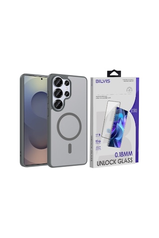 Vendas Samsung Galaxy S26 Ultra Kılıf M-safe Şarj Özellikli Zore Babet Kapak + Bilvis Cam Ekran Koruyucu Gri