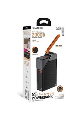 Fulltech Fp43 20000mah 65w Süper Hızlı Şarj Powerbank Lcd Akıllı Ekran, Dahili Usb-c Kablo, 2 Usb- Siyah