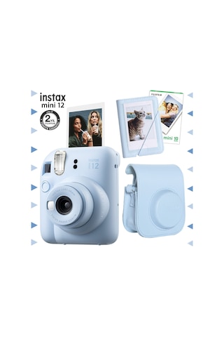 Fujifilm Instax Mini 12 Fotoğraf Makinesi + 10'lu Film + Mini Albüm + Deri Kılıf Seti Mavi