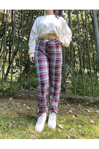 Kadın Pamuklu Ekose Desenli Pijama Altı Eşofman Kurdeleli