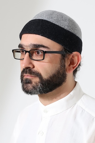 Erkek İki Renkli Keçe Yün Derviş Takke - Gri Siyah Gri - Siyah