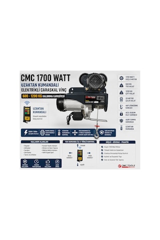 Cmc 1700 Watt Şaryolu Kumandalı Elektrikli Caraskal Vinç 600-1200 Kg
