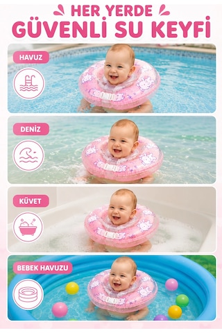 Bebek Yüzme Boyun Simidi - Güvenli Çift Tokalı Bebek Deniz & Havuz Simidi - Pembe Tavşan Figürlü Nr0